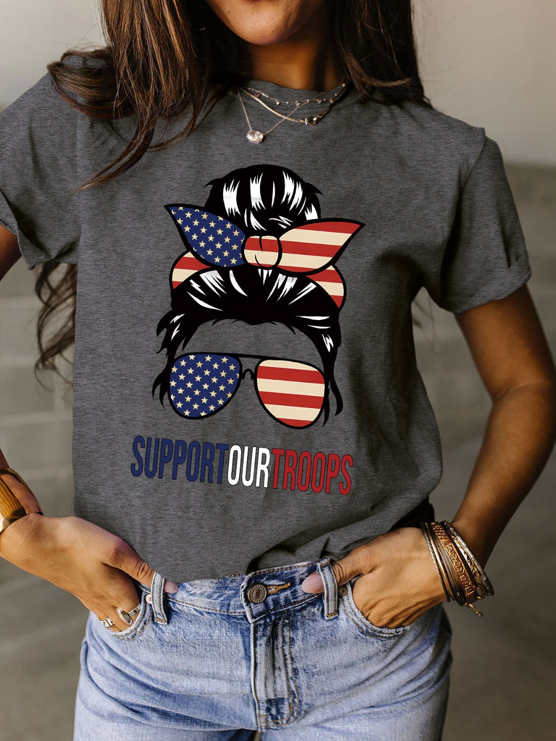 Support Our Troops Full Size Graphic Round Neck Short Sleeve T-Shirt - T - 9 COLORS -