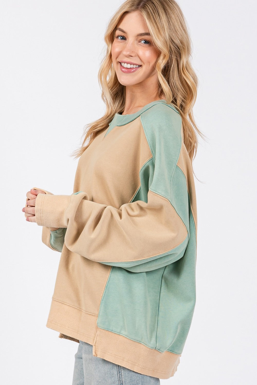 SAGE + FIG Color Block Round Neck Sweatshirt - T - 1 COLOR -