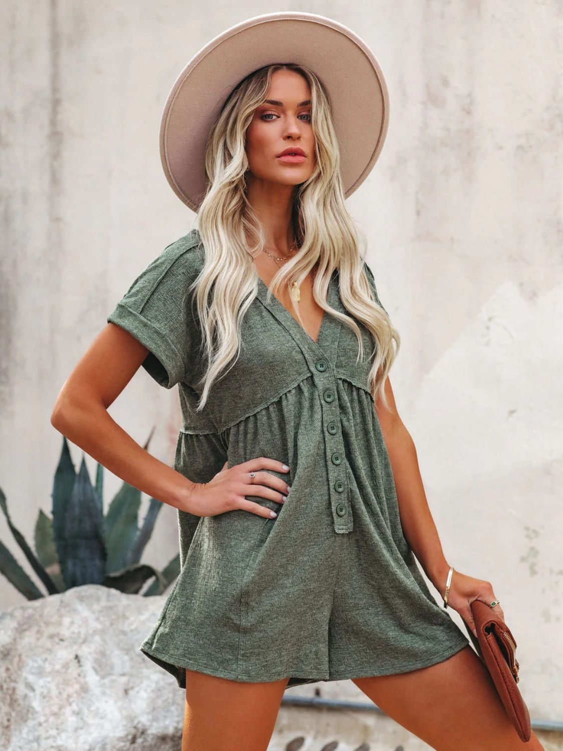 Exposed Seam V-Neck Short Sleeve Romper - T - 2 COLORS -