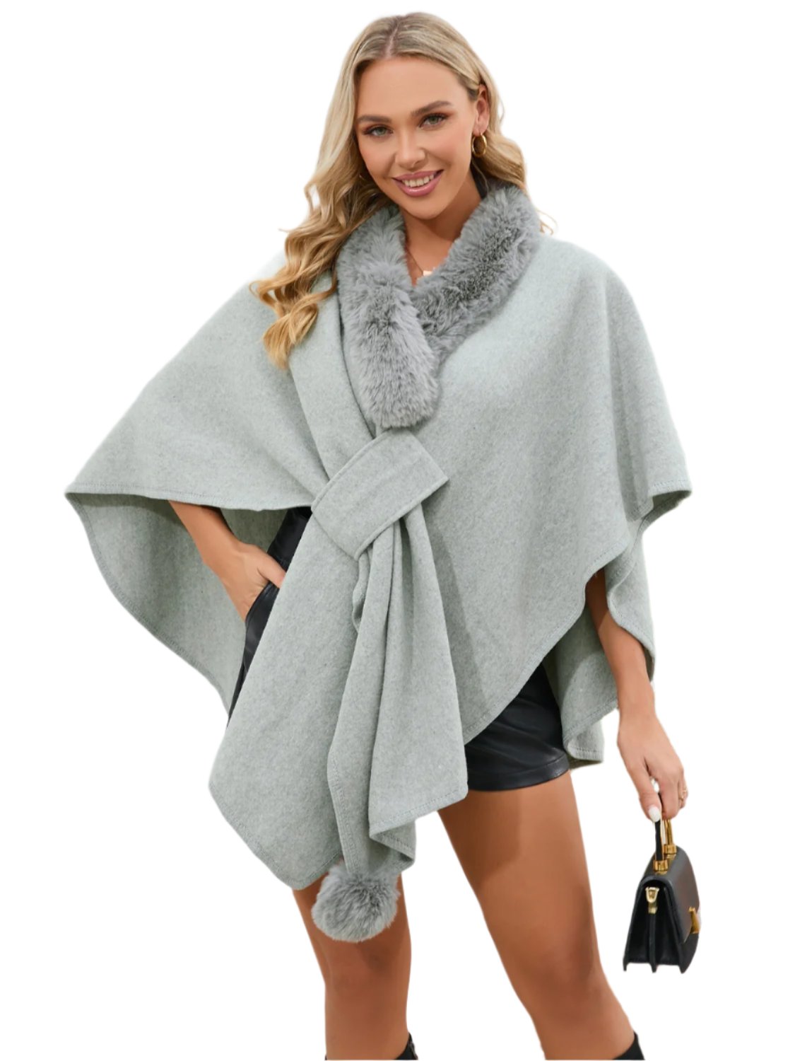 Fuzzy Trim Open Front Poncho - ONE SIZE - T - 6 COLORS -