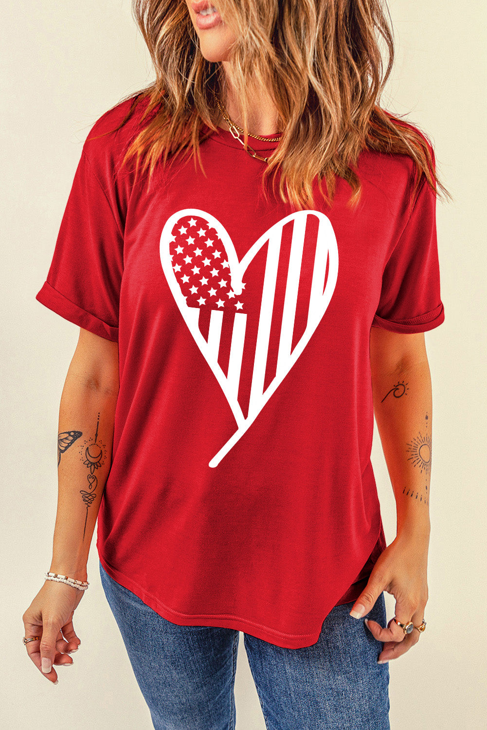 Heart Round Neck Short Sleeve T-Shirt - T - 1 COLOR -