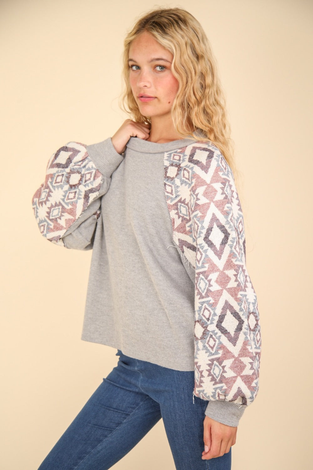 VERY J Printed Long Sleeve Round Neck Knit Top - T - 1 COLOR -