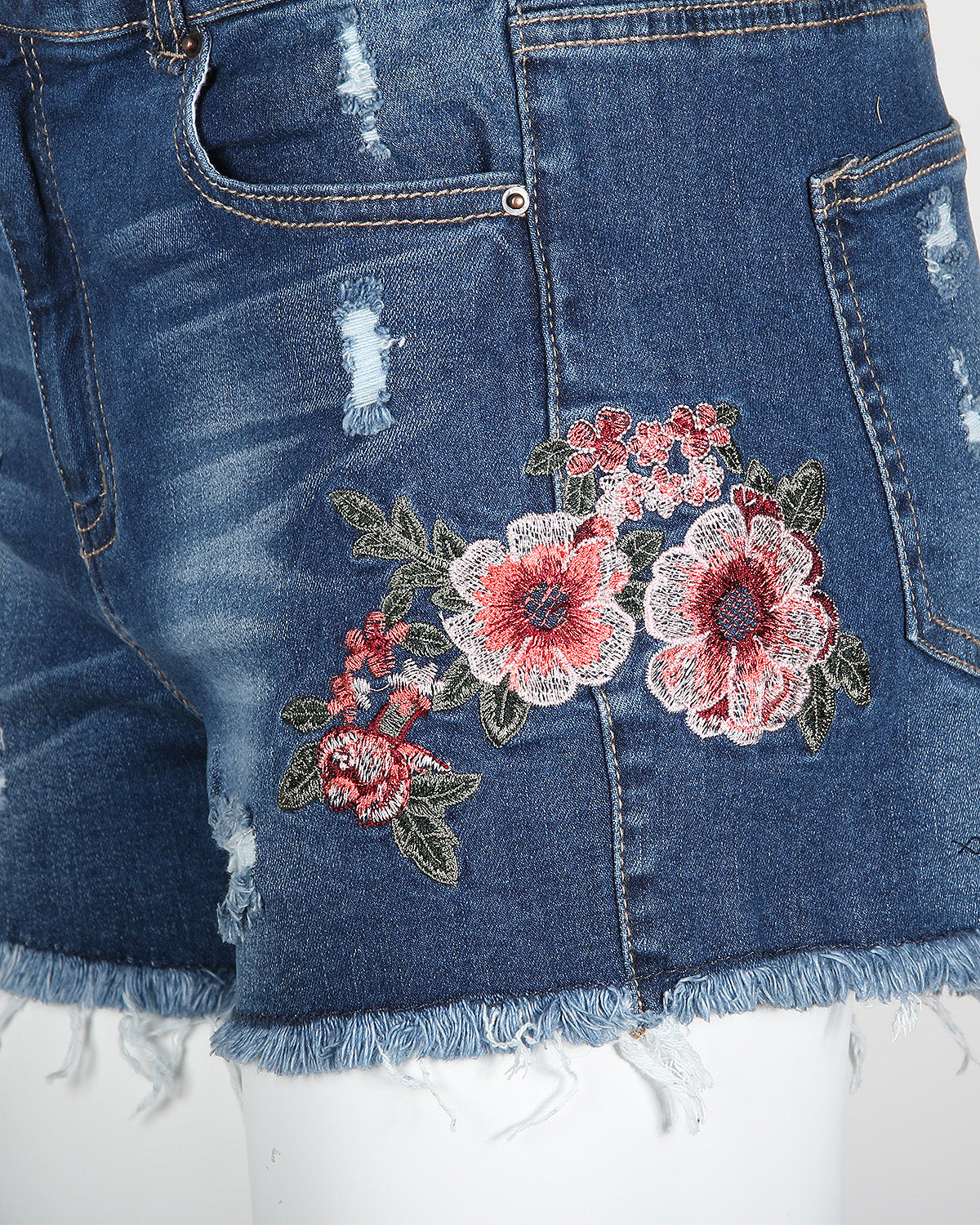 Mid Rise Distressed Floral Denim Shorts - 3 SIZES -