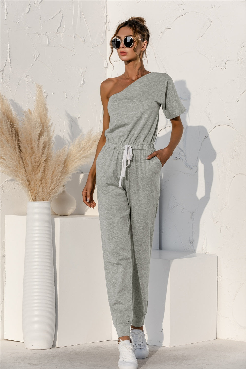 Single Shoulder Short Sleeve Jumpsuit - T - 1 COLOR -