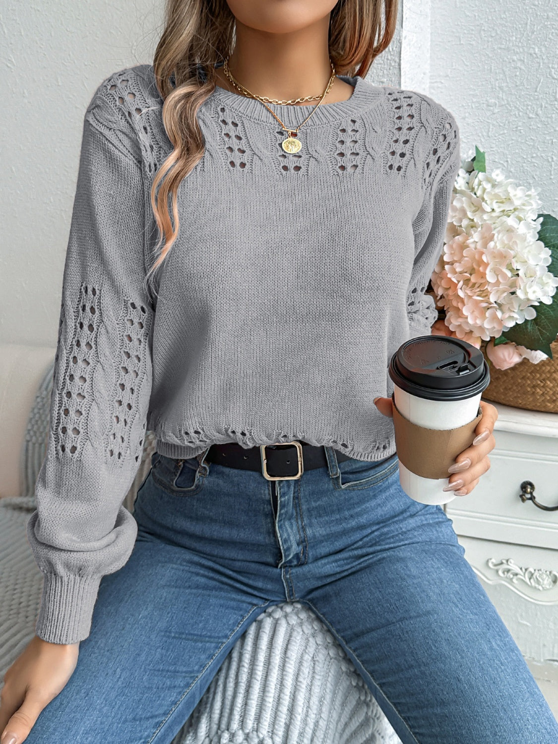 Openwork Round Neck Long Sleeve Sweater - T - 3 COLORS -