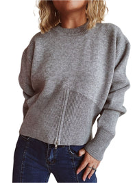 Thumbnail for Round Neck Half Zip Long Sleeve Sweater - 1 OVERSIZE - T - 4 COLORS -