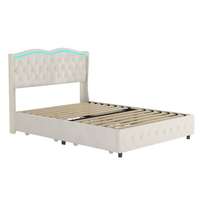 Thumbnail for Queen Platform Bed Frame , Velvet Upholstered Bed With Deep Tufted Buttons and Nailhead Trim, Adjustable Colorful LED Li