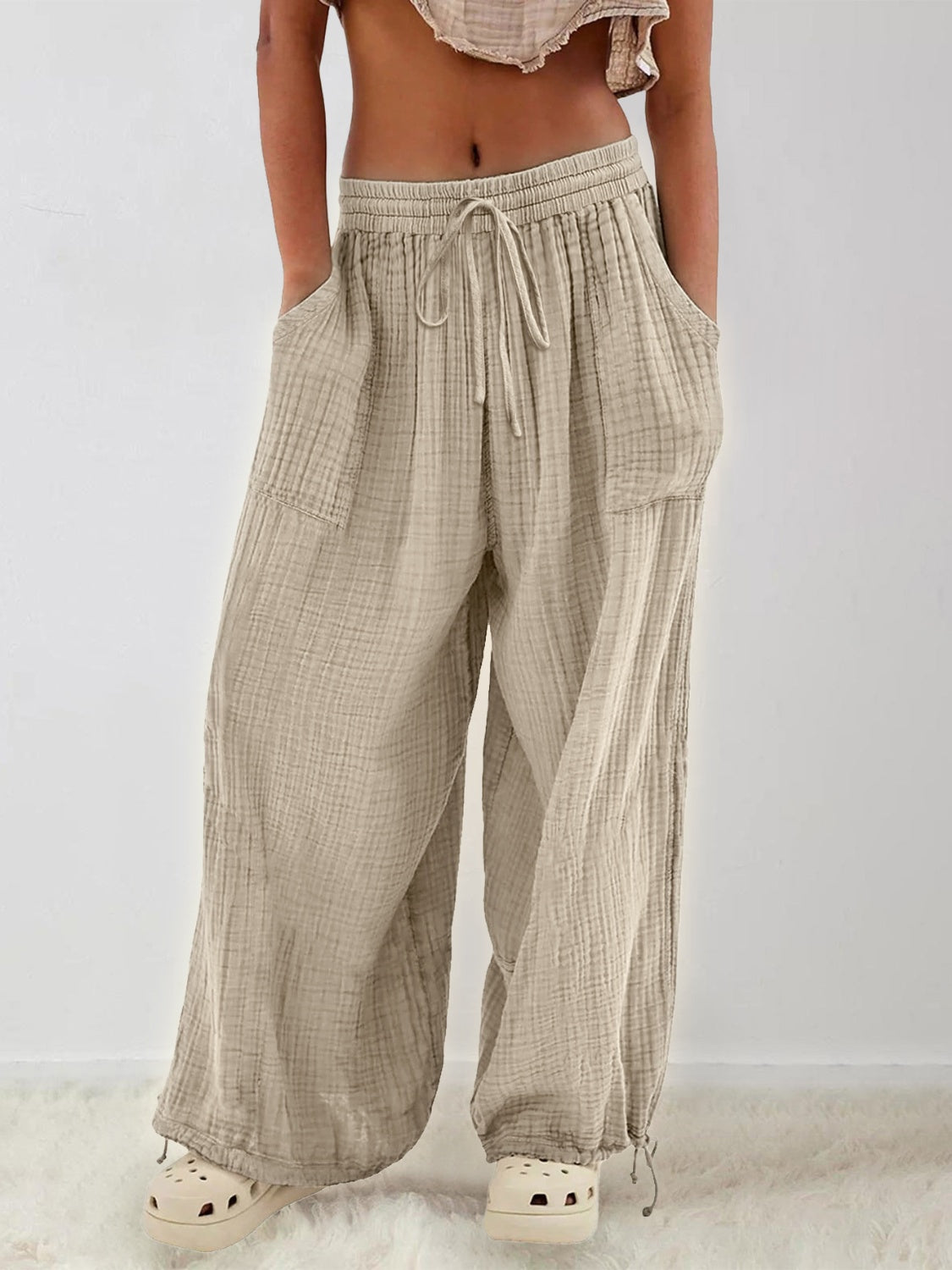 Textured Lounging Tie Pants with Pockets - T - 1 COLOR -