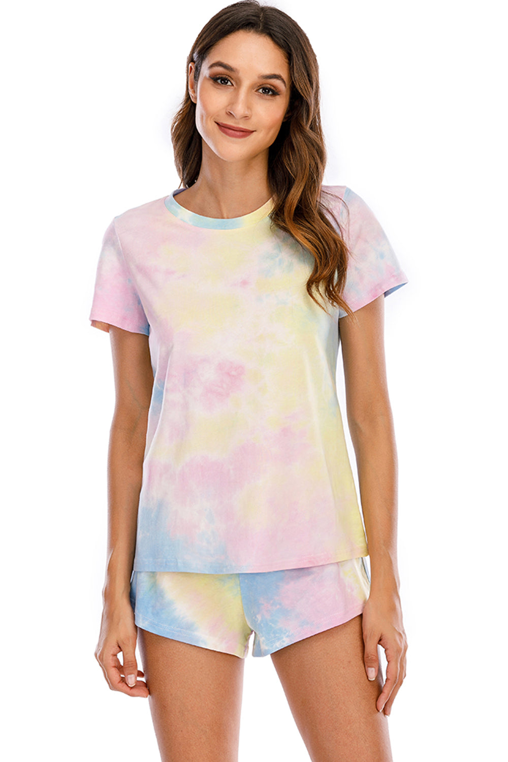 Tie-Dye Round Neck Short Sleeve Top and Shorts Lounge Set - 2 PCS. - T - 7 COLORS -