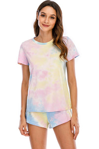 Thumbnail for Tie-Dye Round Neck Short Sleeve Top and Shorts Lounge Set - 2 PCS. - T - 7 COLORS -