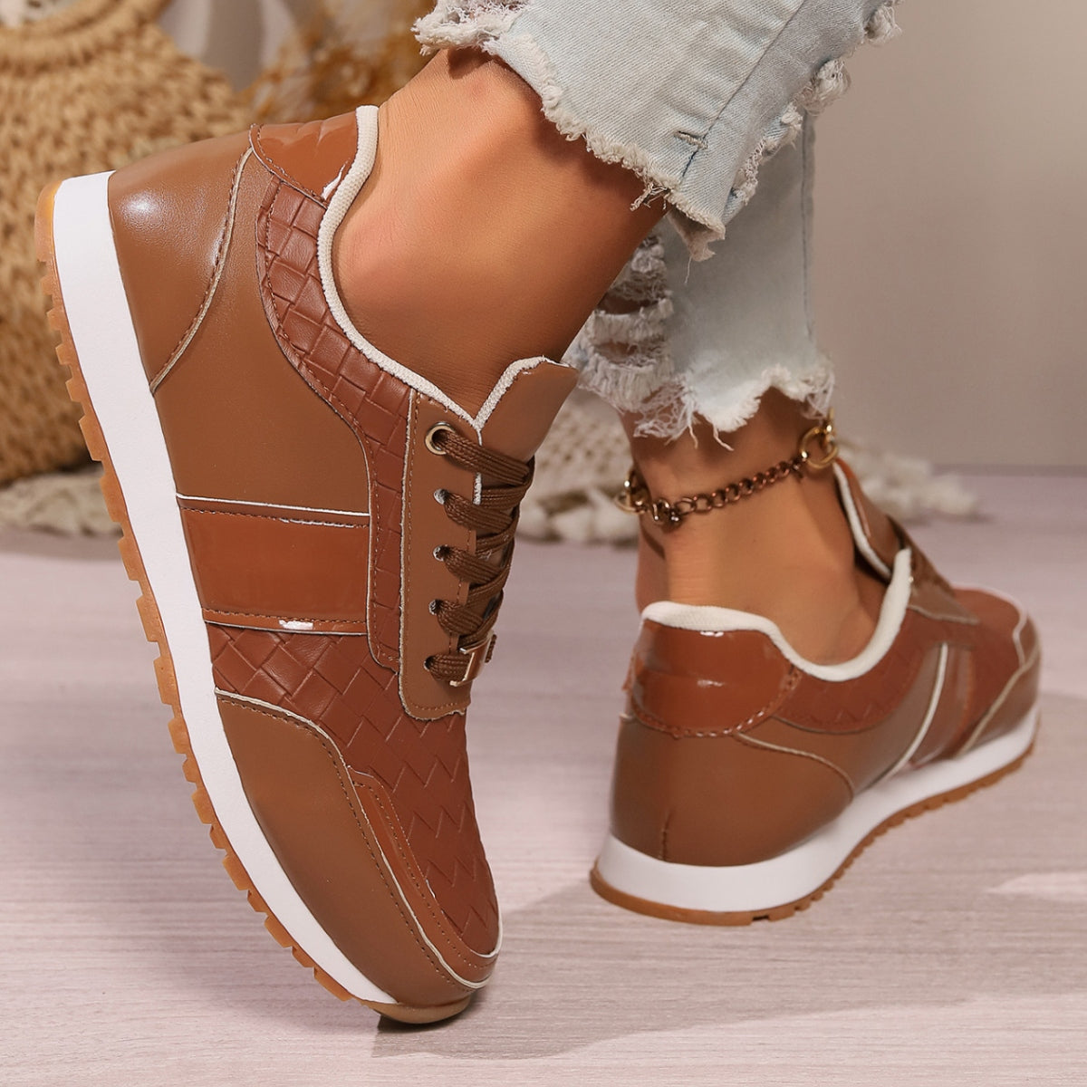 Lace-Up PU Leather Sneakers - T - 3 COLORS -