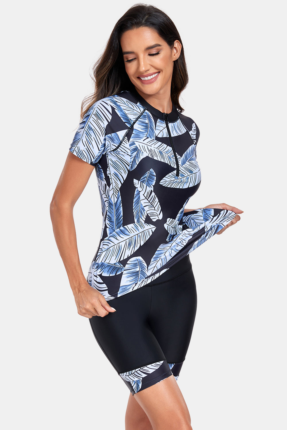 Printed Round Neck Short Sleeve Two-Piece Swim Set - T - 1 COLOR -