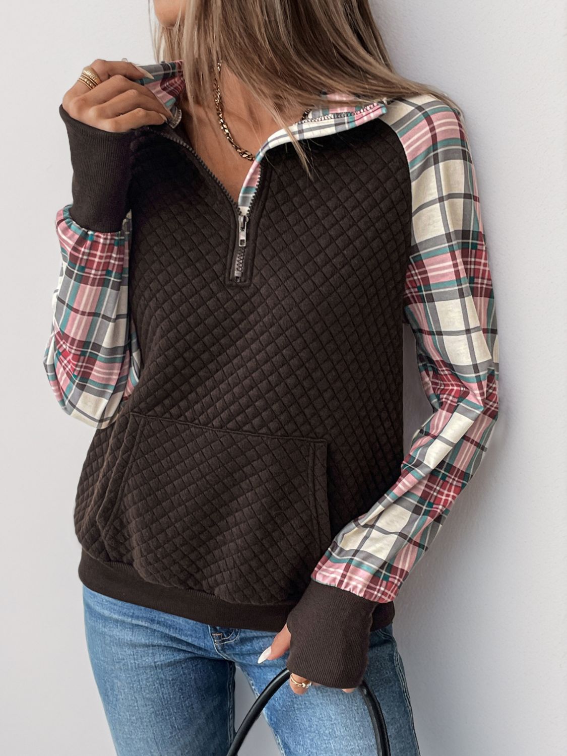 Perfee Plaid Half Zip Long Sleeve Sweatshirt - T - 1 COLOR -