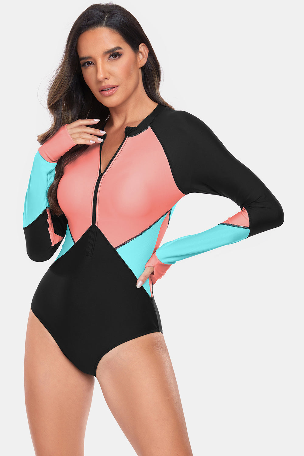 Color Block Half Zip Long Sleeve One-Piece Swimwear - T - 1 COLOR -