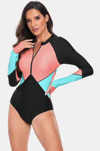 Thumbnail for Color Block Half Zip Long Sleeve One-Piece Swimwear - T - 1 COLOR -