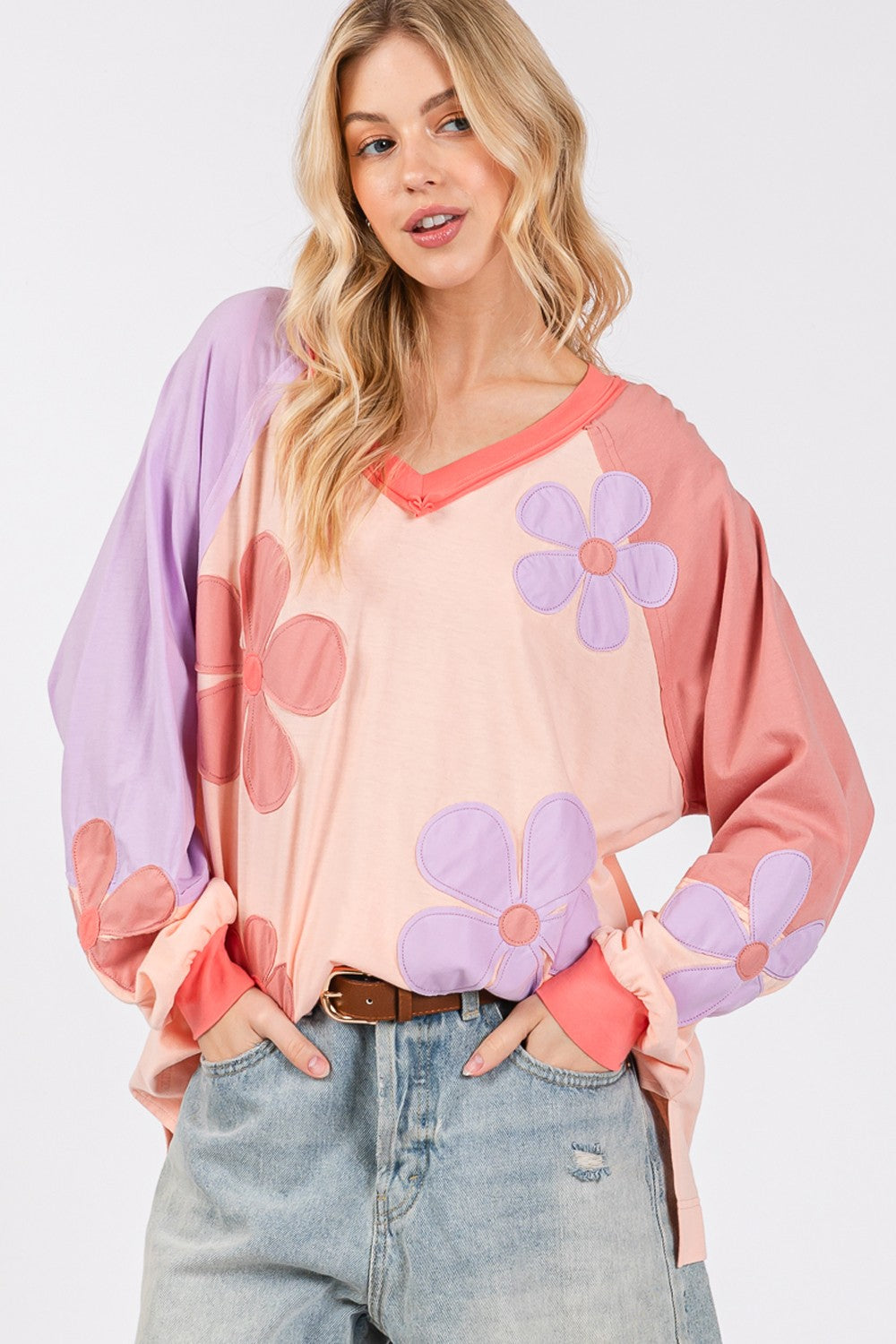 SAGE + FIG Full Size Daisy Applique Patch Color Block Long Sleeve Top - T - 1 COLOR -