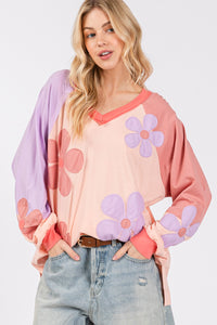 Thumbnail for SAGE + FIG Full Size Daisy Applique Patch Color Block Long Sleeve Top - T - 1 COLOR -