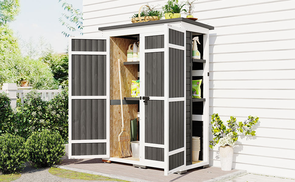 Outdoor 5.5ft Hx4.1ft L Wood Storage Shed, Garden Tool Cabinet With Waterproof Asphalt Roof, Four Lockable Doors, Multip