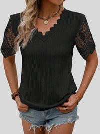 Thumbnail for Lace Detail V-Neck Short Sleeve Blouse - T - 4 COLORS -