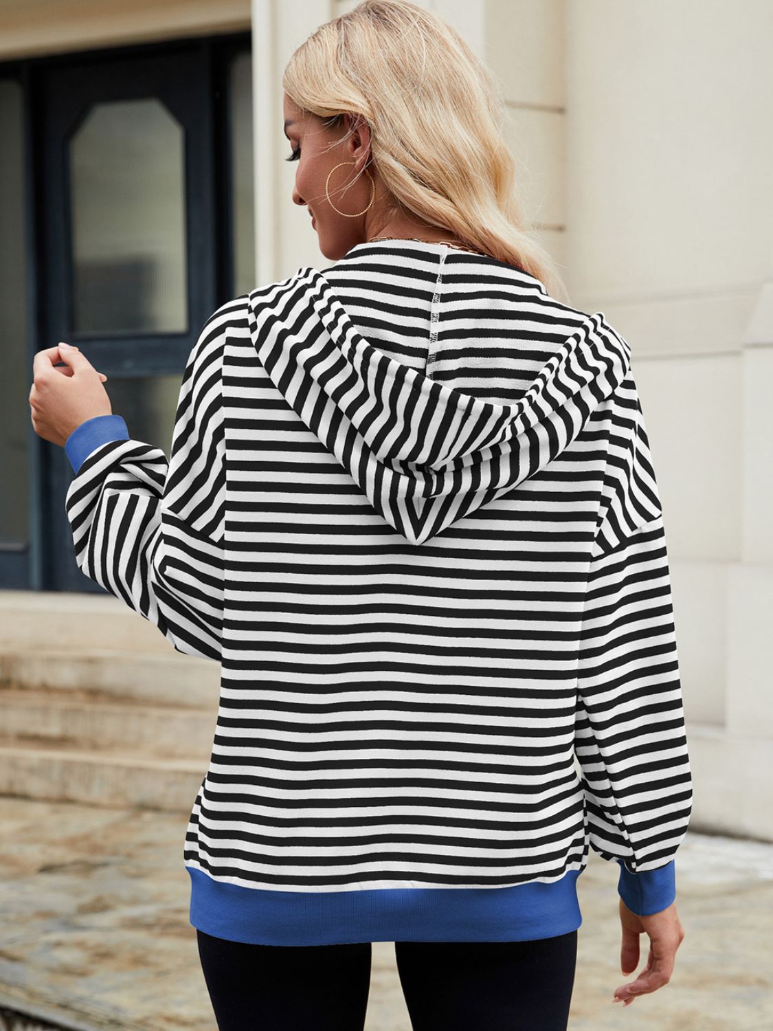 Drawstring Striped Zip Up Long Sleeve Hoodie - T - 4 COLORS -