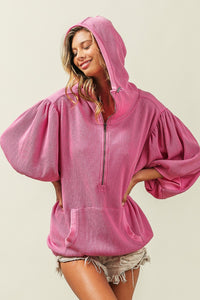 Thumbnail for BiBi Waffle-Knit Half Zip Hooded Top - T - 1 COLOR -