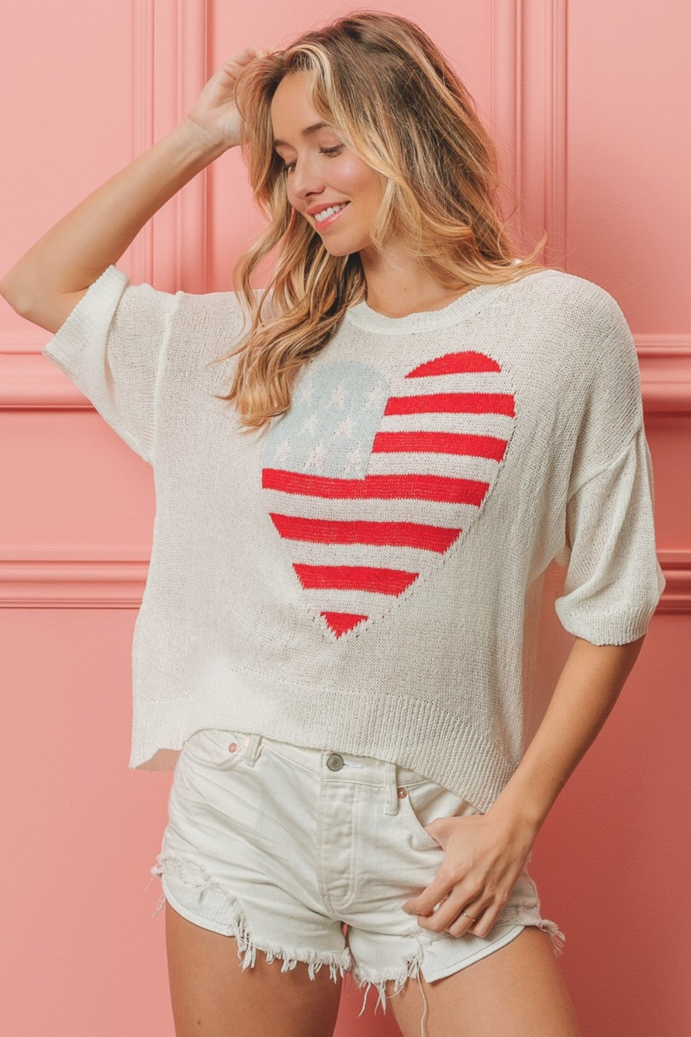 BiBi Striped Heart Contrast Knit Top - T - 1 COLOR -