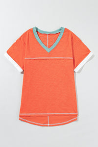 Thumbnail for Color Block V-Neck Short Sleeve T-Shirt - T - 2 COLORS -