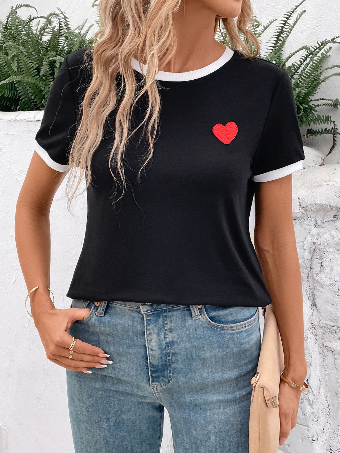 Heart Round Neck Short Sleeve T-Shirt - T - 1 COLOR -