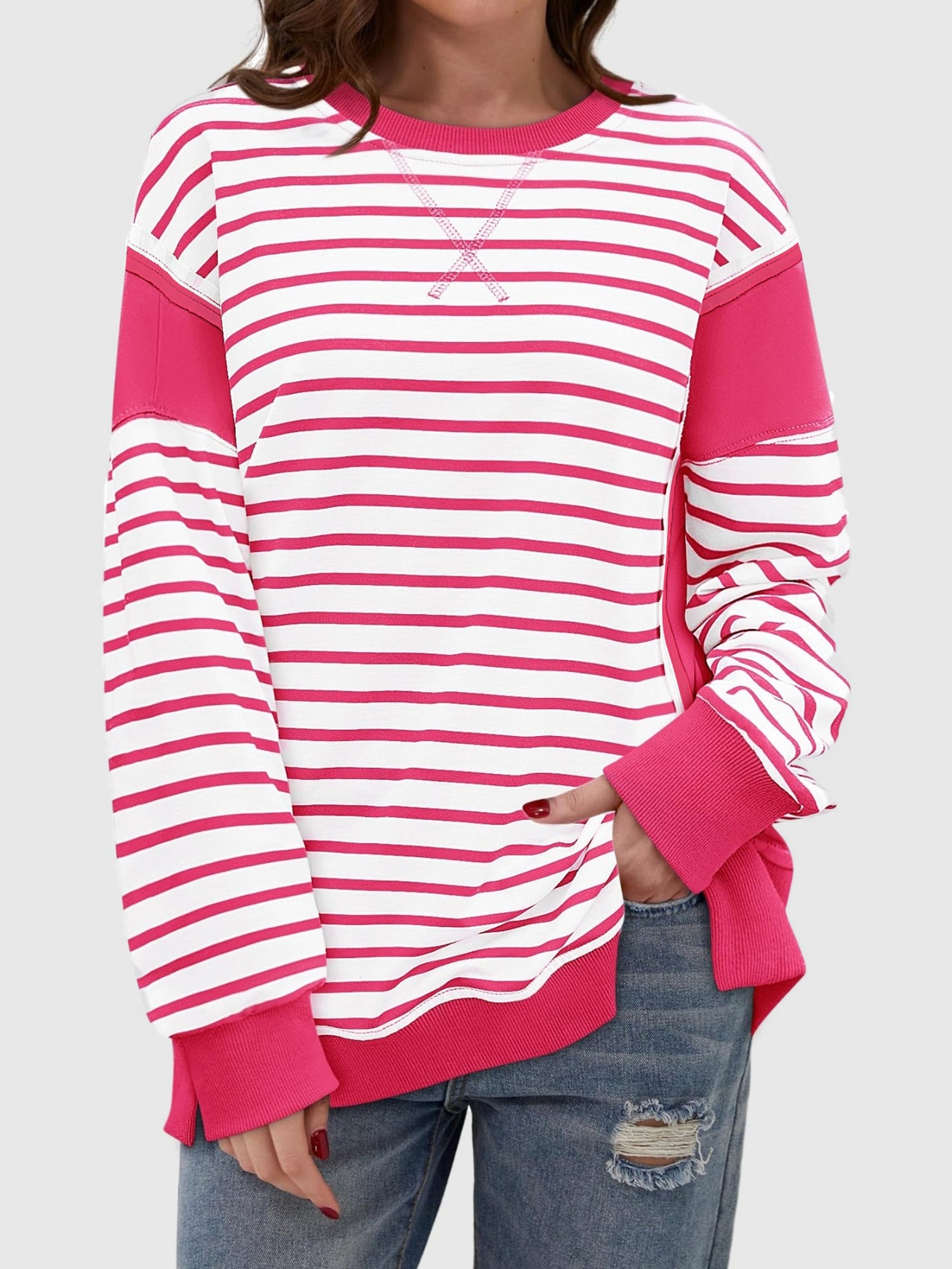 Slit Exposed Seam Striped Long Sleeve Sweatshirt - T - 8 COLORS -