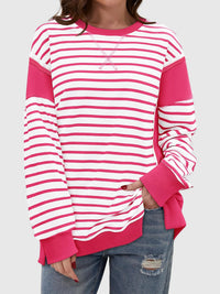 Thumbnail for Slit Exposed Seam Striped Long Sleeve Sweatshirt - T - 8 COLORS -