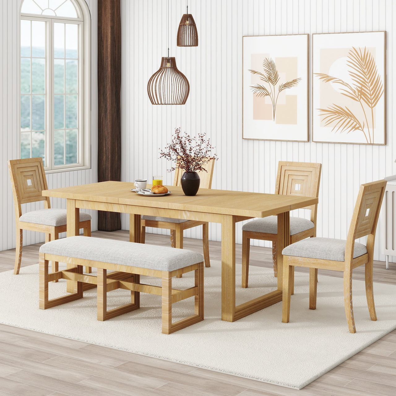 Modern 78inch 6-Piece Extendable Dining Table Set, 4 Upholstered Dining Chairs and Dining Bench, 18" Butterfly Leaf, Nat