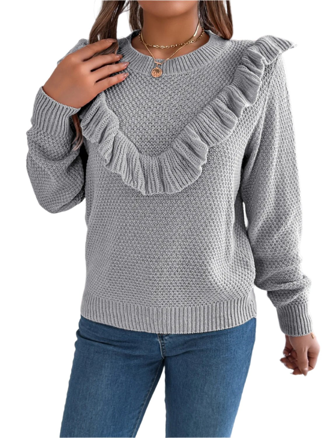 Ruffled Round Neck Long Sleeve Sweater - T - 1 COLOR -