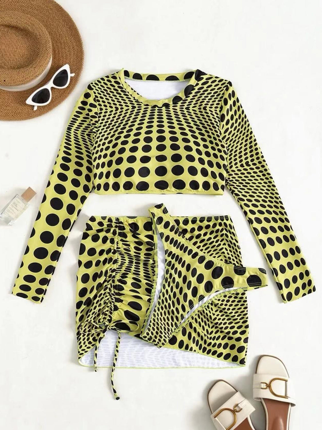 Polka Dot Long Sleeve Three-Piece Swim set - 3 PCS. - T - 2 COLORS -