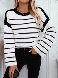 Thumbnail for Striped Round Neck Long Sleeve Sweater - T - 2 COLORS -