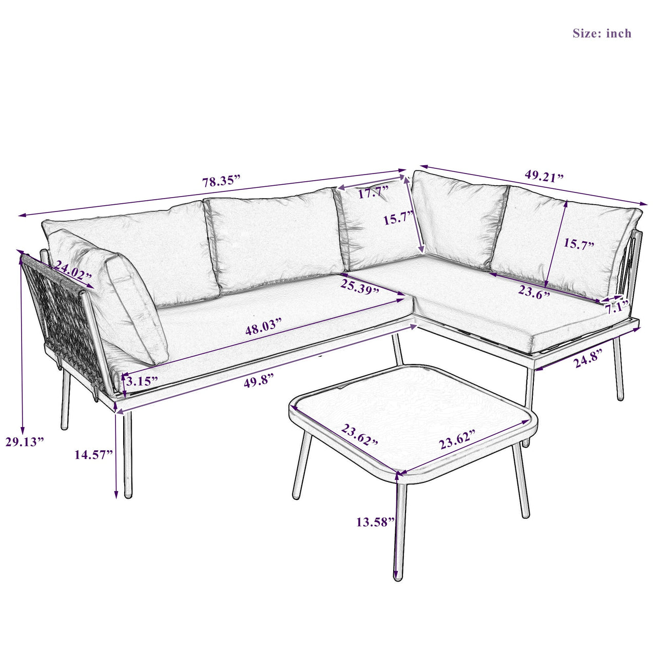 Modern Outdoor 3-Piece PE Rattan Sofa Set All Weather Patio Metal Sectional Furniture Set With Cushions and Glass Table