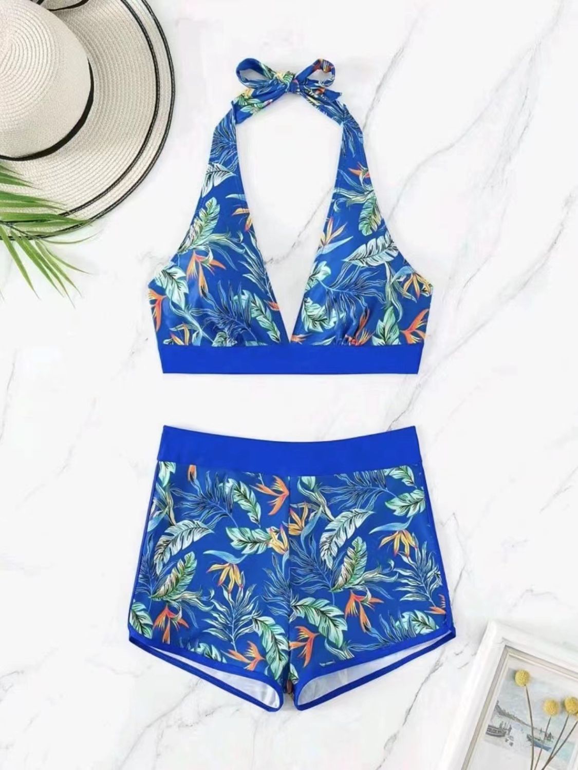 Printed Halter Neck Two-Piece Swim Set - T - 2 PATTERN COLORS/BLACK -