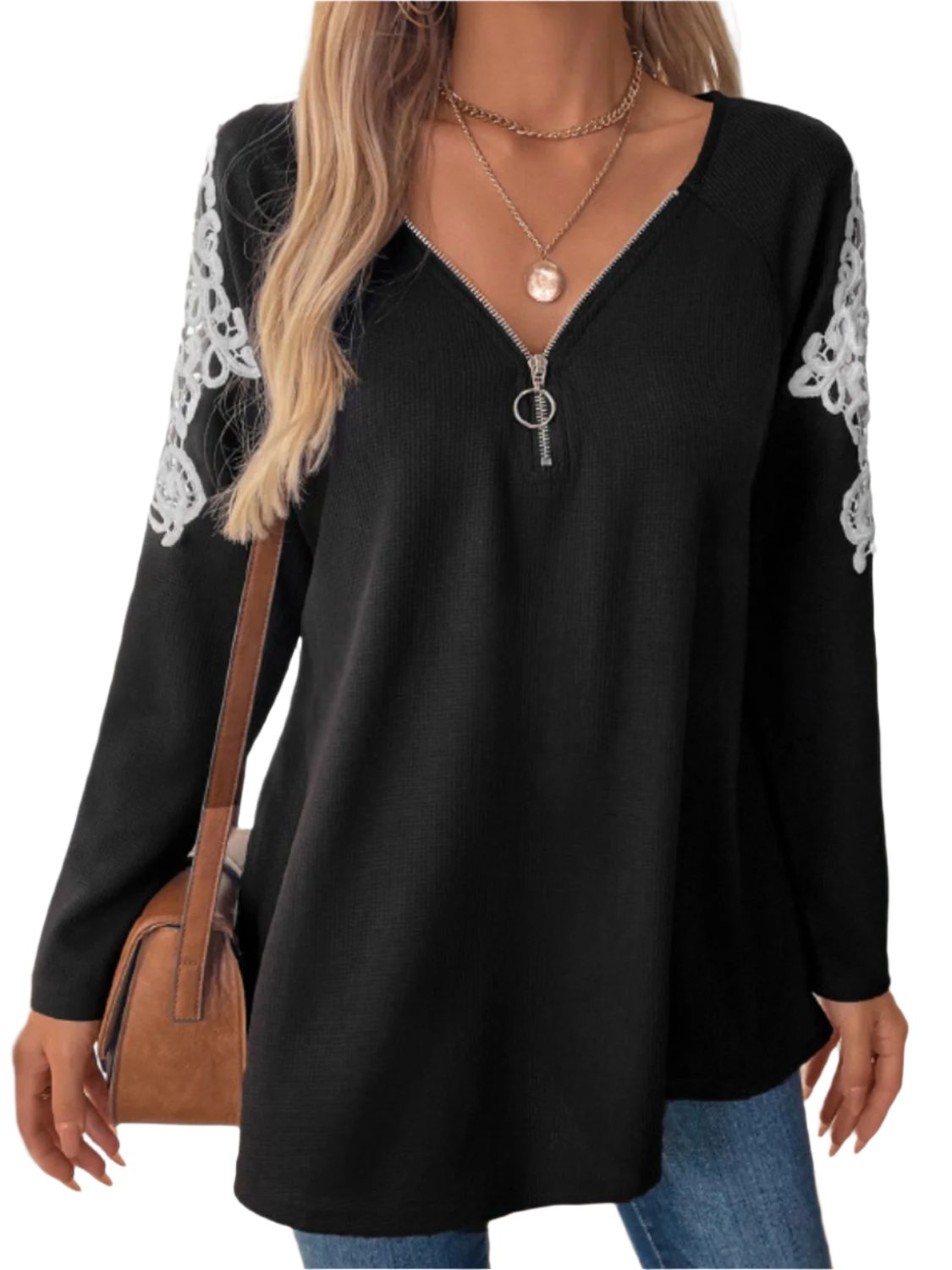 Perfee Lace Detail Quarter Zip Long Sleeve Top - T - 1 COLOR -