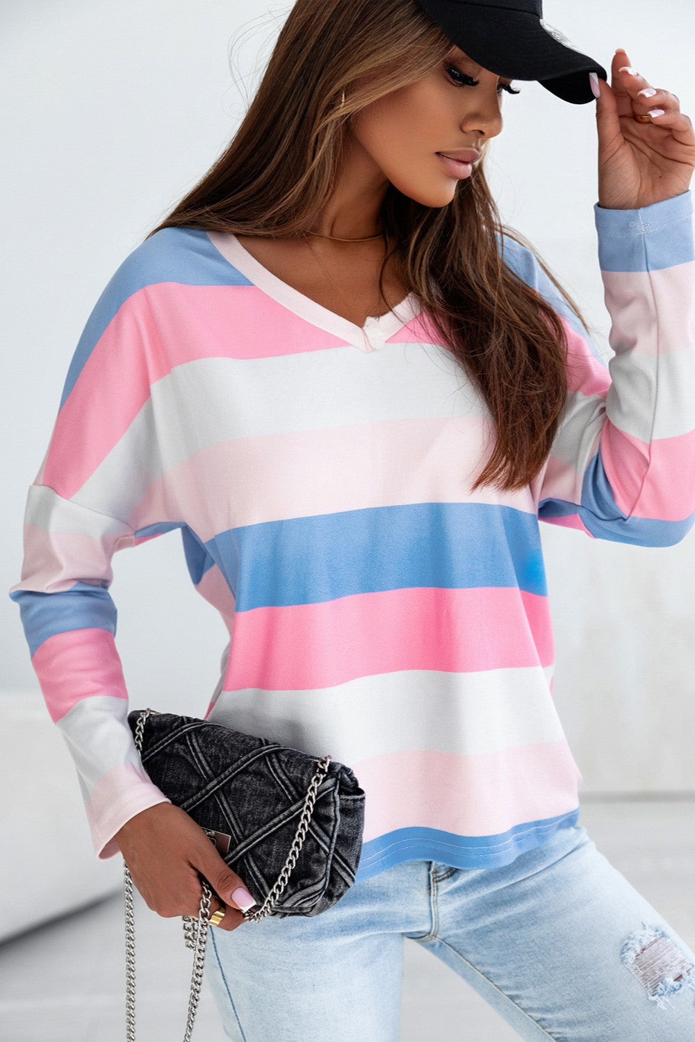 Color Block V-Neck Long Sleeve T-Shirt - T - 1 COLOR -