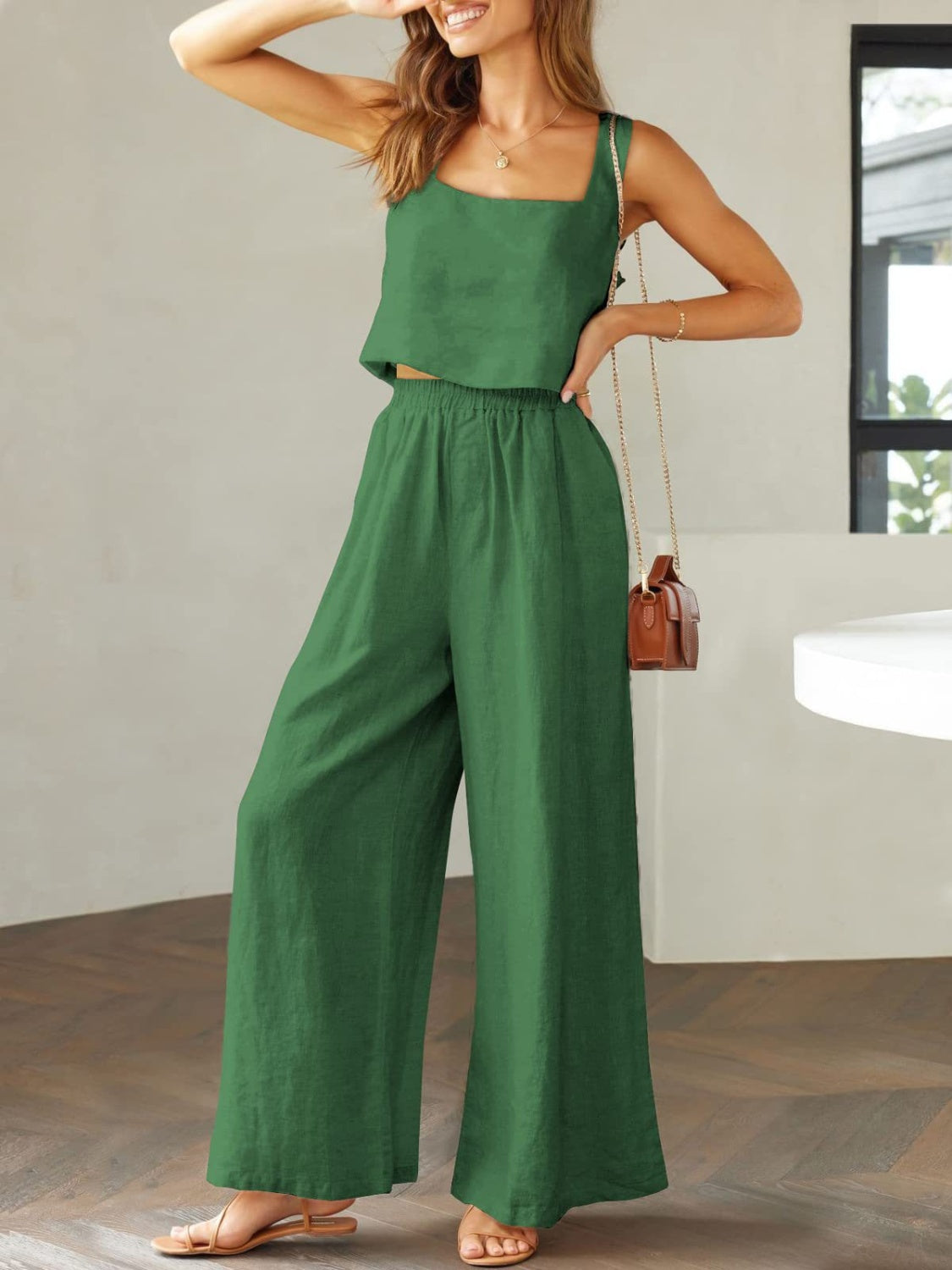 Square Neck Top and Wide Leg Pants set - 2 PCS. - T - 8 COLORS -