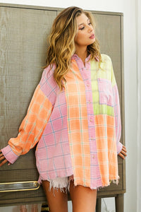 Thumbnail for BiBi Plaid Color Block Raw Hem Shirt