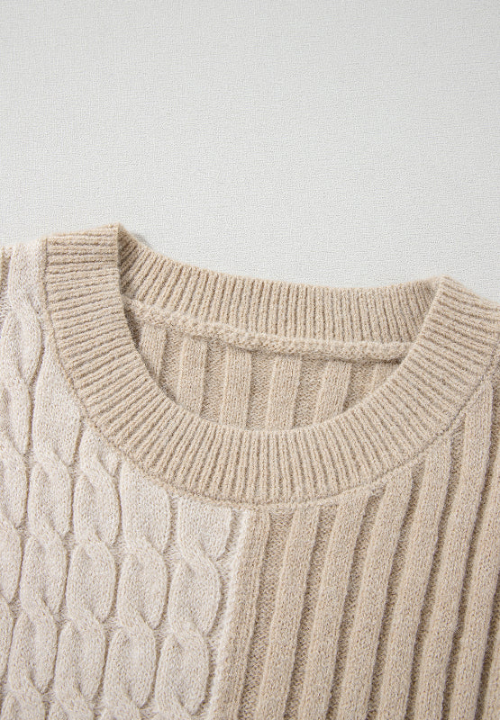 Cable-Knit Color Block Round Neck Sweater - T - 1 COLOR -