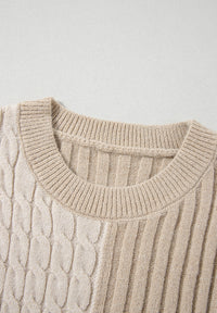 Thumbnail for Cable-Knit Color Block Round Neck Sweater - T - 1 COLOR -