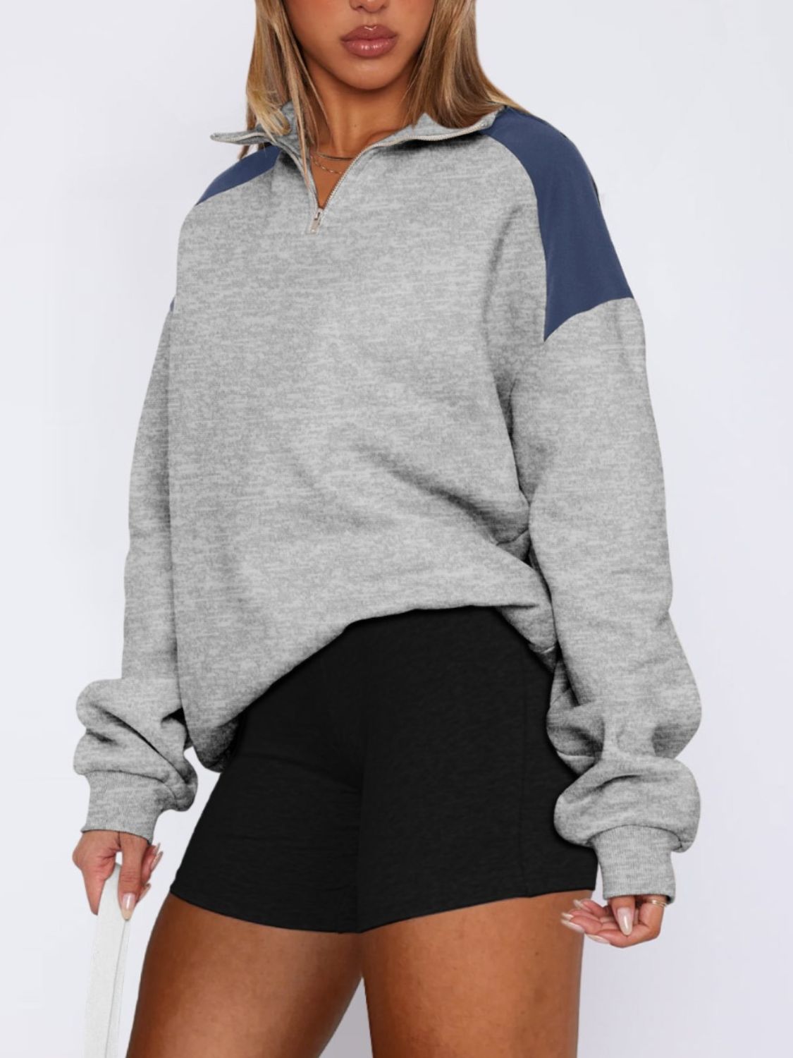 Contrast Quarter Zip Long Sleeve Sweatshirt - T - 4 COLORS -