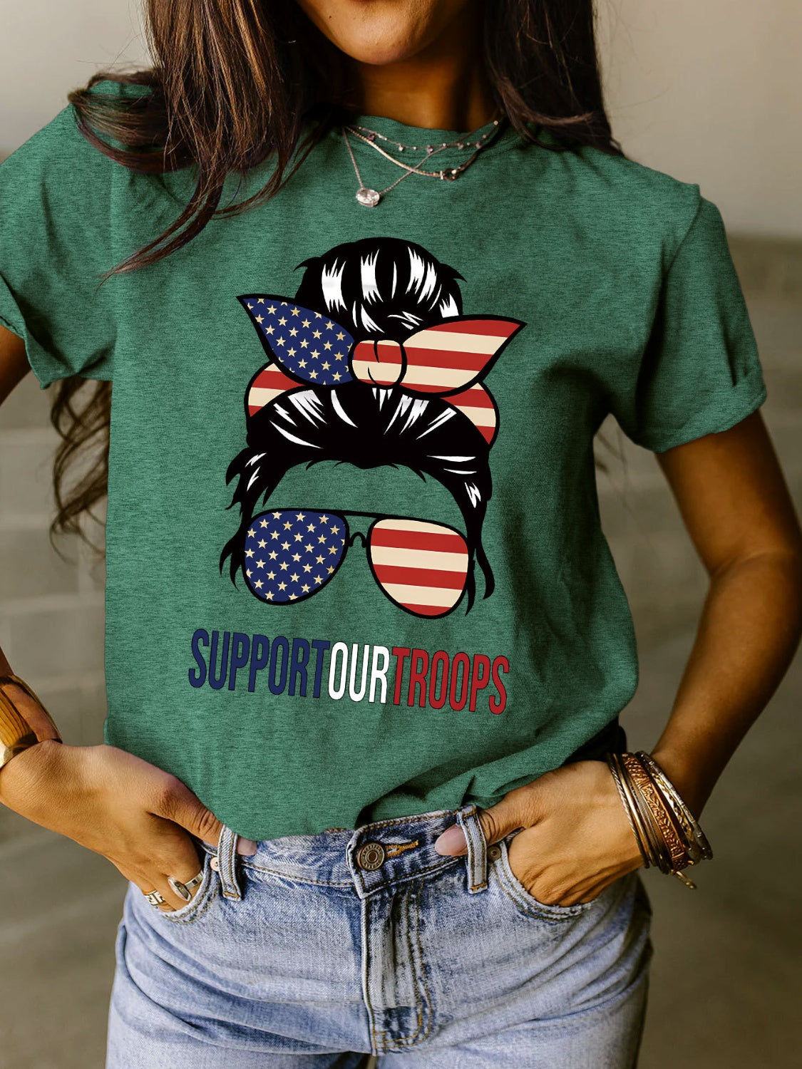 Support Our Troops Full Size Graphic Round Neck Short Sleeve T-Shirt - T - 9 COLORS -