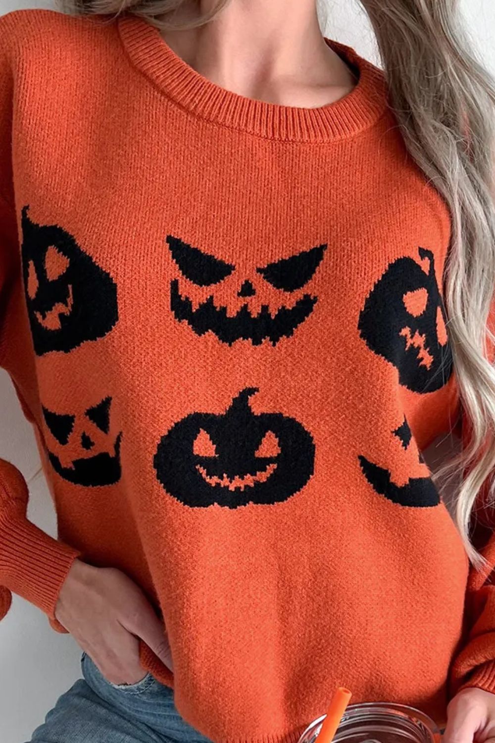 Pumpkin Pattern Round Neck Sweater - T - 1 COLOR -