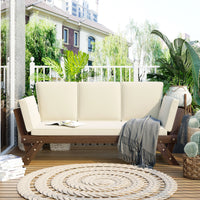 Thumbnail for Outdoor Adjustable Patio Wooden Daybed Sofa Chaise Lounge With Cushions for Small Places, Brown Finish+Beige Cushion