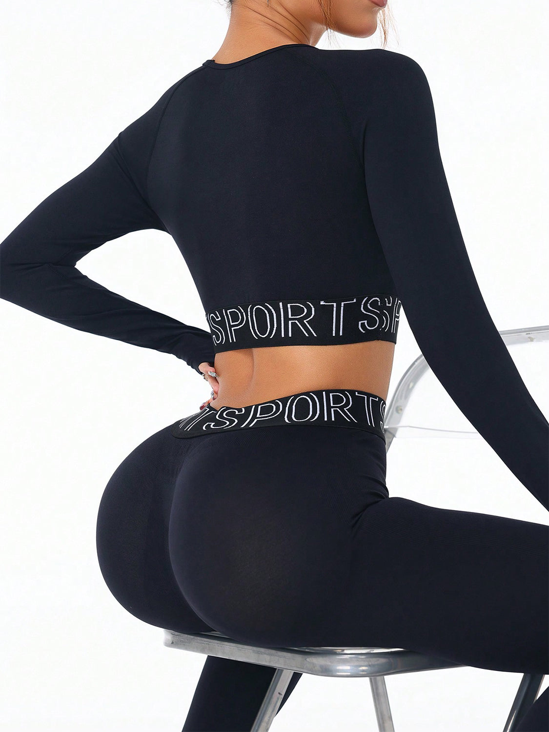 Letter Print Round Neck Long Sleeve Top and Leggings Active set - 2 PCS. - T - 1 COLOR -