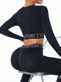 Thumbnail for Letter Print Round Neck Long Sleeve Top and Leggings Active set - 2 PCS. - T - 1 COLOR -