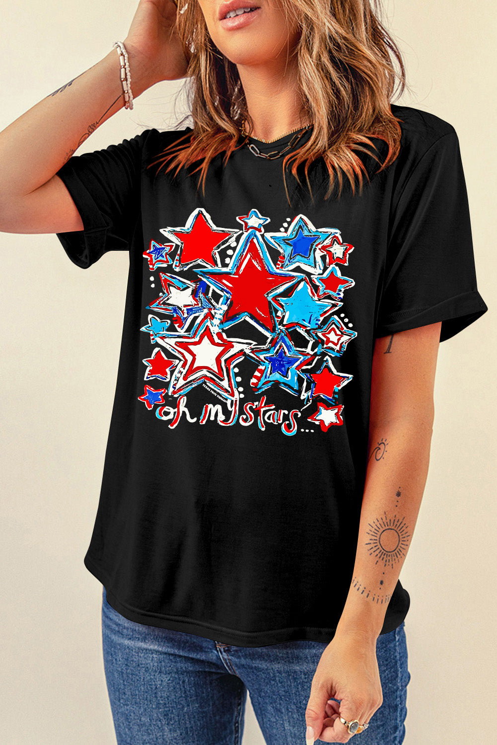 Graphic Round Neck "Oh my stars" Short Sleeve T-Shirt - T - 1 COLOR -