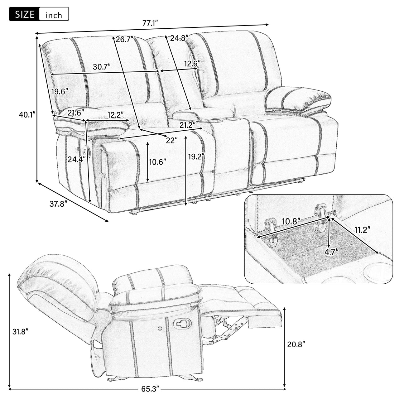 Recliner Chair Sofa Manual Reclining Home Seating Seats  Movie Theater Chairs With Cup Holders and Storage Box, Brown